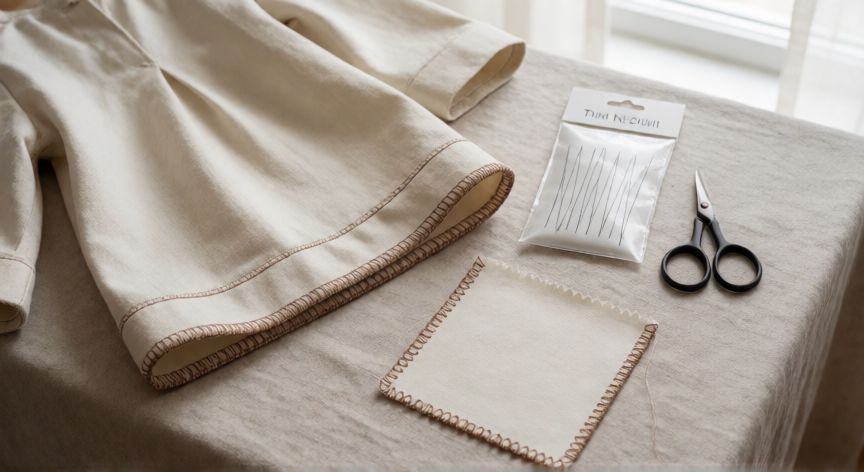 como coser overlock con maquina de coser, Comparación de acabados de borde: mock overlock con doble dobladillo y zigzag sobre tela en mesa de costura