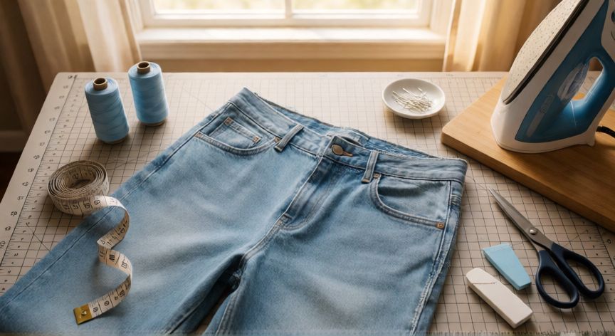 Mesa de costura con pantalones a medio coser, cinta métrica, hilo y tijeras de sastre