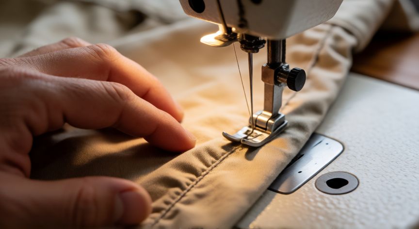 como coser pantalones, Manos cosiendo la costura de entrepierna de un pantalón con máquina de coser