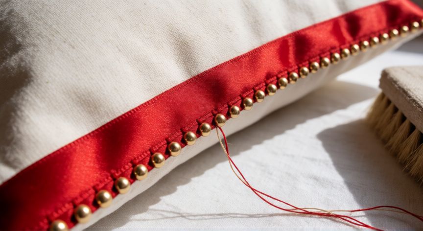 como coser pasamanería a mano, Detalle de costura manual de cinta satén roja con abalorios dorados en un cojín