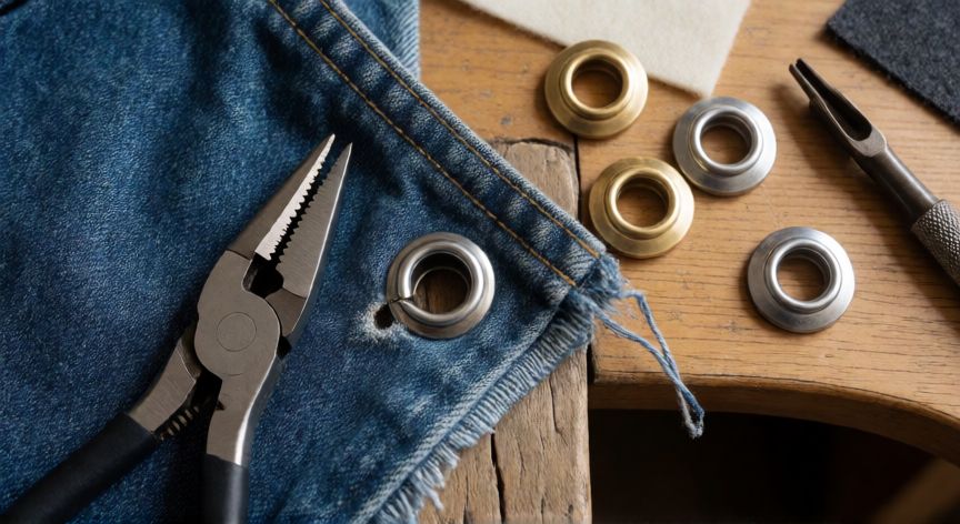 como coser puntillas, Mesa de costura con ojal metálico being insertado en tela vaquera con pinza plana