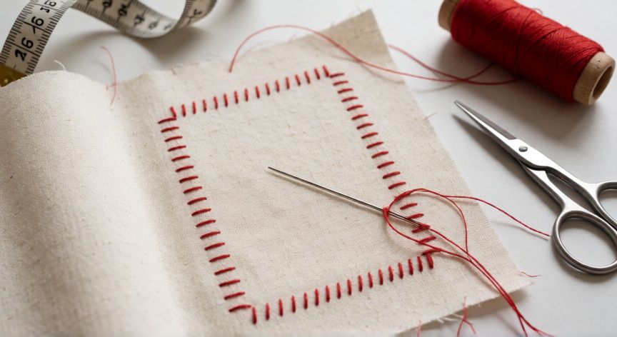 como coser punto, Espacio de costura con muestras de punto atrás y punto de cadeneta en hilo rojo sobre lino crema