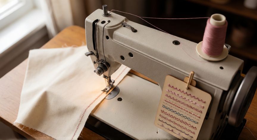 Máquina de coser realizando punto decorativo en zigzag sobre tela de algodón con hilo perle rosa