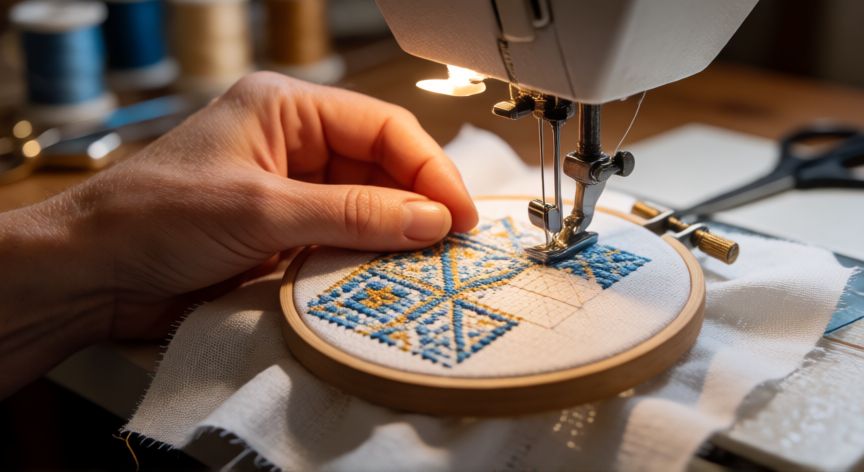 como coser punto a maquina, Manos trabajando punto de cruz a máquina con bastidor sobre tela de lino