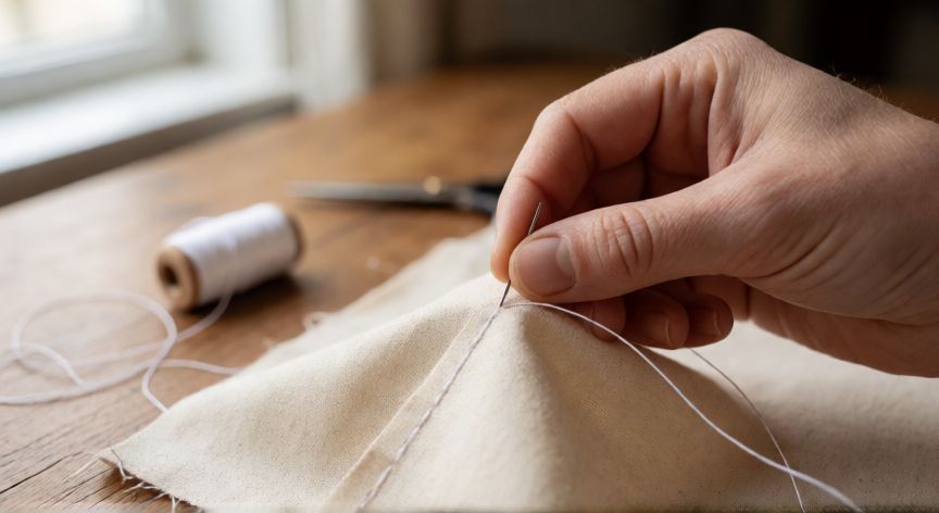 Manos cosiendo punto bobo con aguja e hilo blanco sobre tela de algodón beige