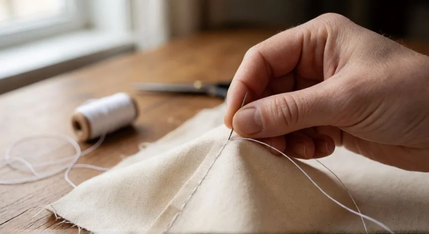 Manos cosiendo punto bobo con aguja e hilo blanco sobre tela de algodón beige