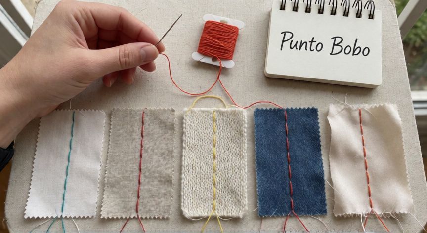 como coser punto bobo, Tabla de práctica de costura con retales de distintos tejidos cosidos en punto bobo y aguja