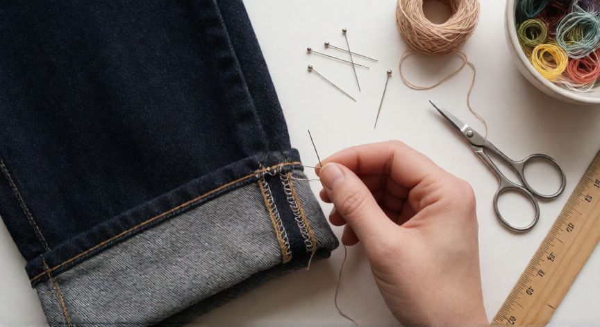como coser punto elástico a mano, Vista cenital del espacio de costura cosiendo dobladillo elástico en vaqueros con aguja y alfileres
