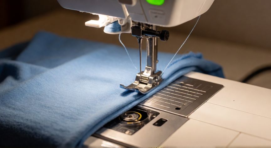 Máquina de coser con aguja Stretch y puntada elástica configurada sobre tela de jersey azul