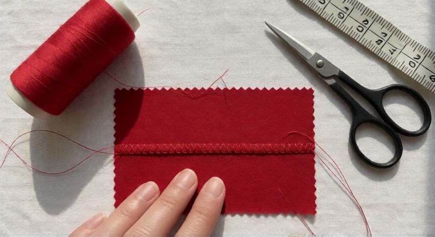 como coser punto elástico a máquina, Retal de tela elástica roja con puntada elástica cosida siendo estirado con los dedos para probar la resistencia
