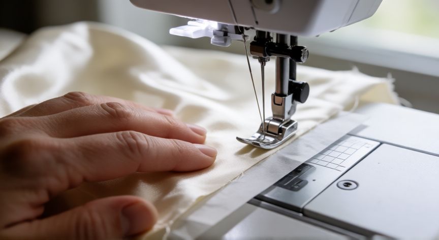 Manos cosiendo tela de raso con papel de seda bajo la tela en una máquina de coser