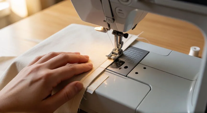 como coser recto, Manos cosiendo una línea recta con máquina de coser guiando la tela contra el prensatelas