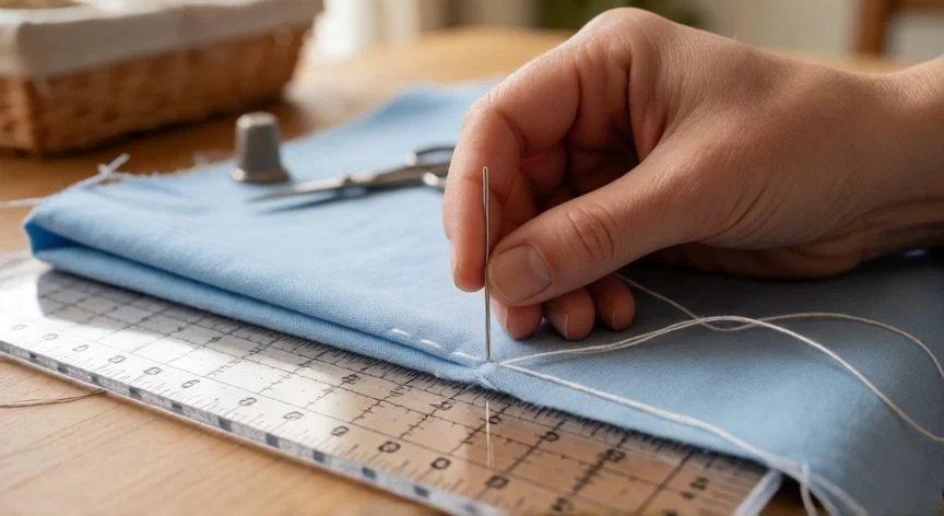 como coser recto, Costura a mano con punto recto sobre tela de algodón usando una regla transparente como guía