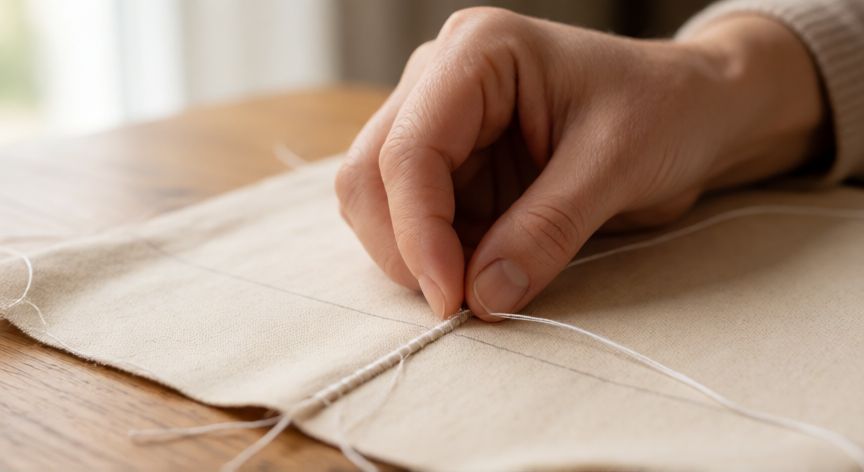 Manos cosiendo una línea recta a mano sobre tela beige con hilo blanco y aguja de coser