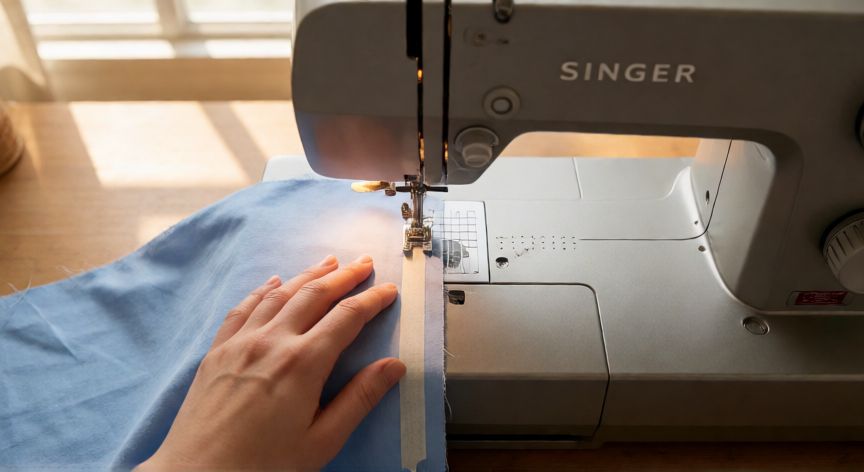 Manos cosiendo en línea recta en una máquina Singer usando cinta guía sobre tela de algodón azul