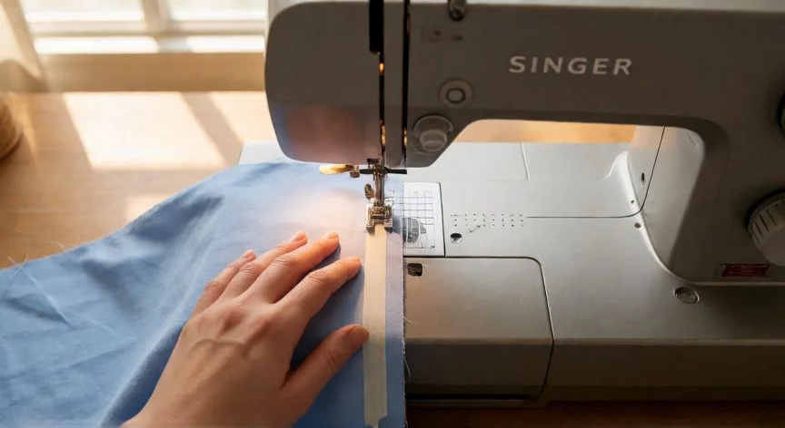 Manos cosiendo en línea recta en una máquina Singer usando cinta guía sobre tela de algodón azul