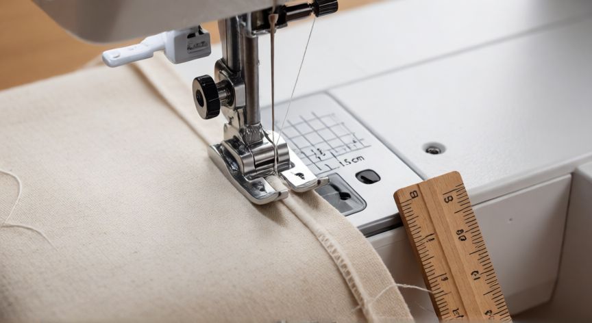 como coser recto en maquina singer, Detalle del prensatelas Singer con costura recta siguiendo la marca de 1,5 cm en la placa