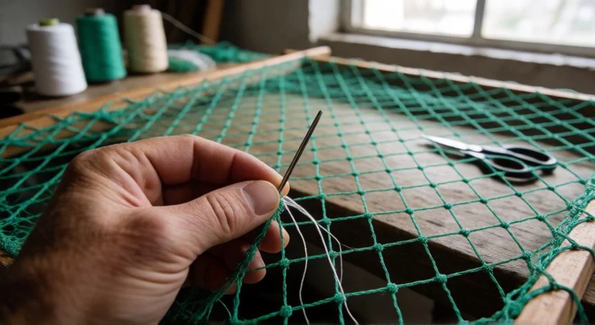 Manos cosiendo un desgarro en una red de pesca de nylon sobre un marco de madera