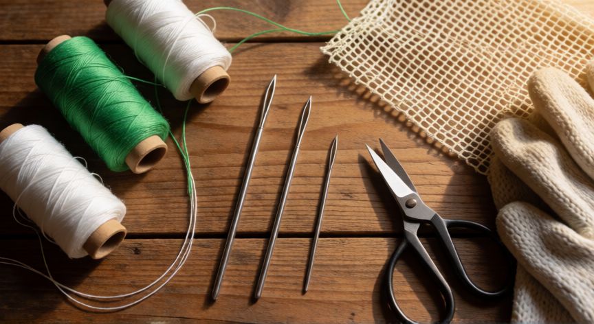 como coser redes de pesca, Kit de herramientas y materiales para coser redes de pesca sobre una mesa de madera