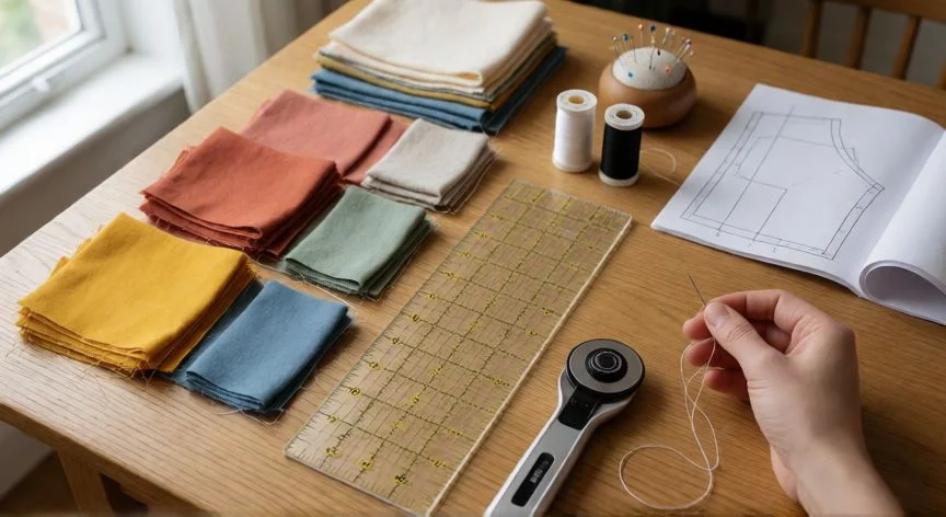 como coser retazos de tela, Mesa de costura con retazos de tela de colores, regla de patchwork, tijeras, hilo y aguja dispuestos para coser