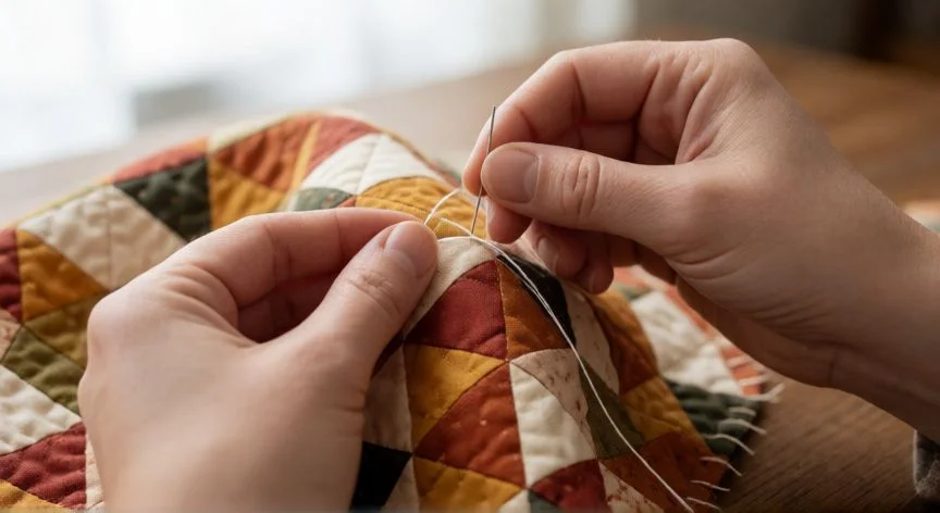 como coser retazos de tela, Manos cosiendo a mano un panel de patchwork con triángulos geométricos en tonos tierra