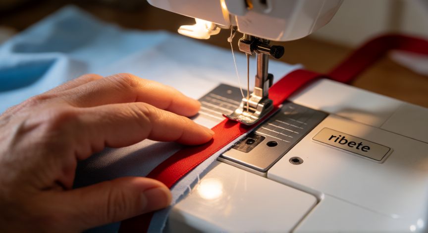 Manos cosiendo una tira de ribete rojo sobre tela azul con máquina de coser doméstica