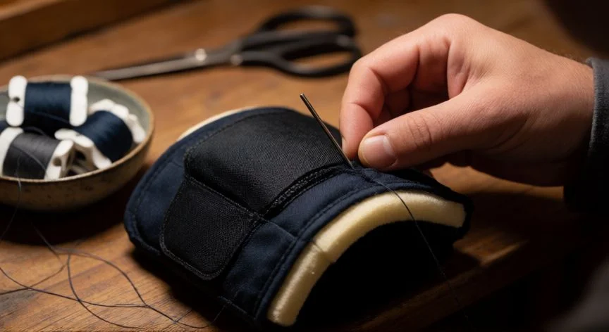 como coser rodilleras a mano, Manos cosiendo una rodillera de nailon con aguja e hilo grueso sobre una mesa de trabajo