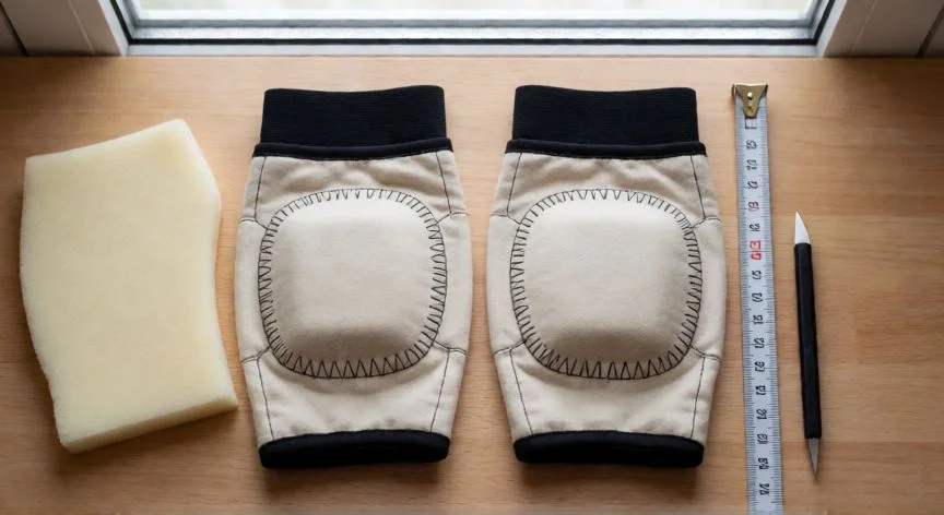 como coser rodilleras a mano, Par de rodilleras cosidas a mano con su relleno de espuma EVA y herramientas de costura sobre mesa de madera