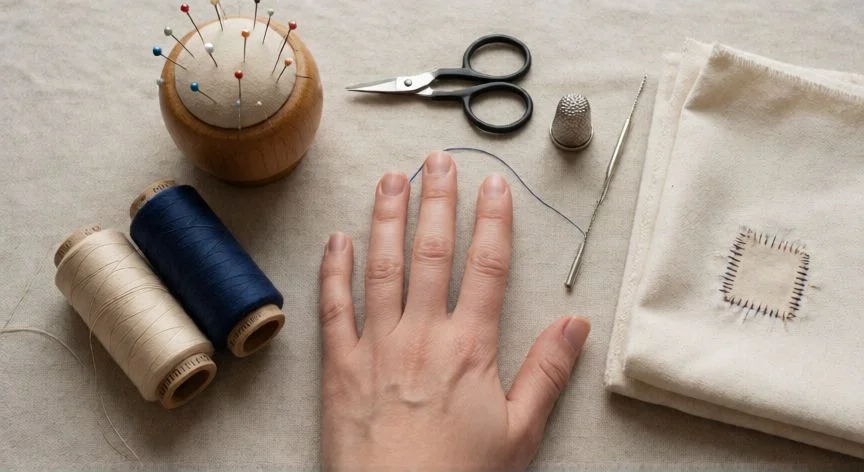 como coser rotos a mano, Kit de costura a mano con aguja, hilo, alfileres y tela reparada visto desde arriba