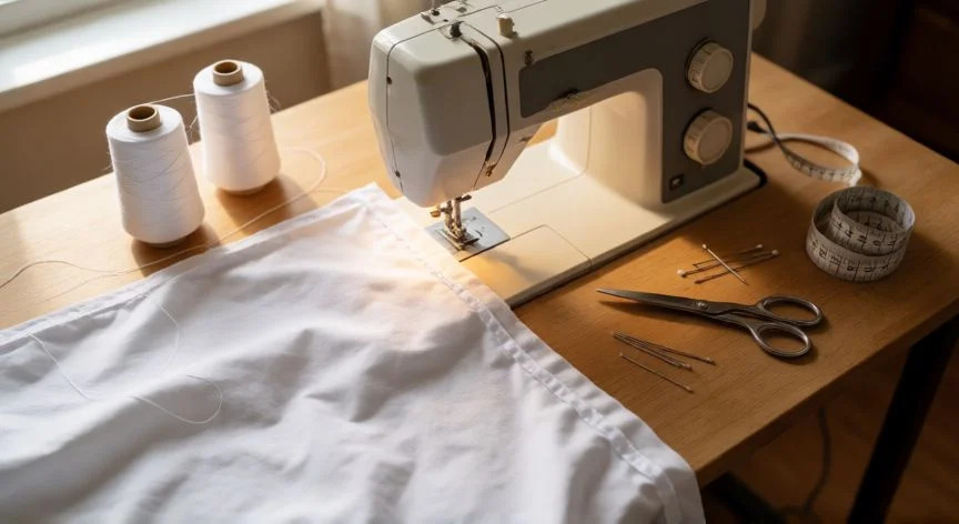 como coser sabanas, Mesa de costura con sábana de algodón blanca, máquina de coser, hilo y alfileres para coser sábanas en casa