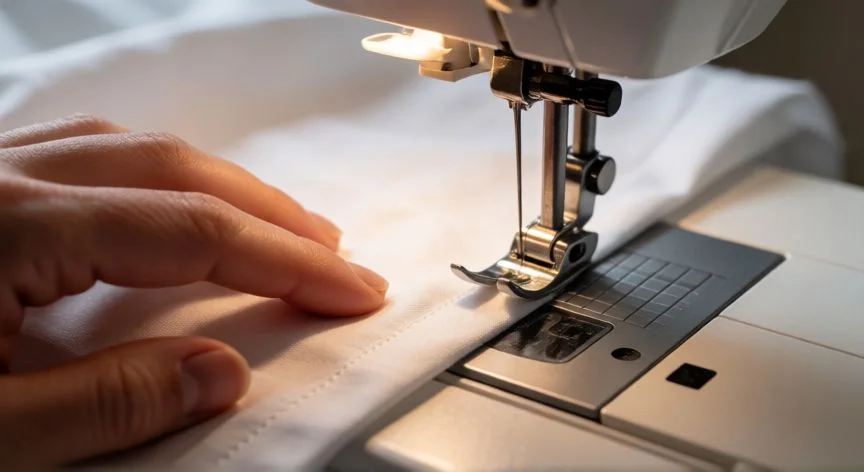 como coser sabanas, Manos cosiendo el dobladillo de una sábana blanca con máquina de coser, detalle de la puntada recta