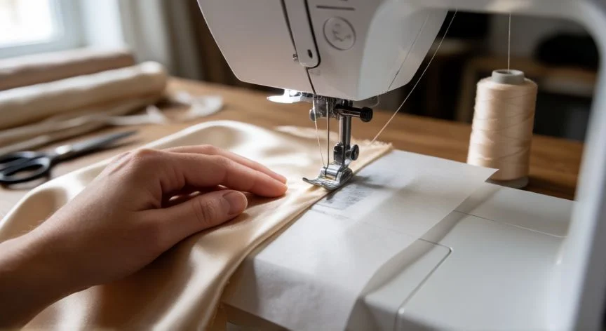 como coser satin a maquina, Manos cosiendo una pieza de satén champán sobre papel de seda con máquina de coser doméstica