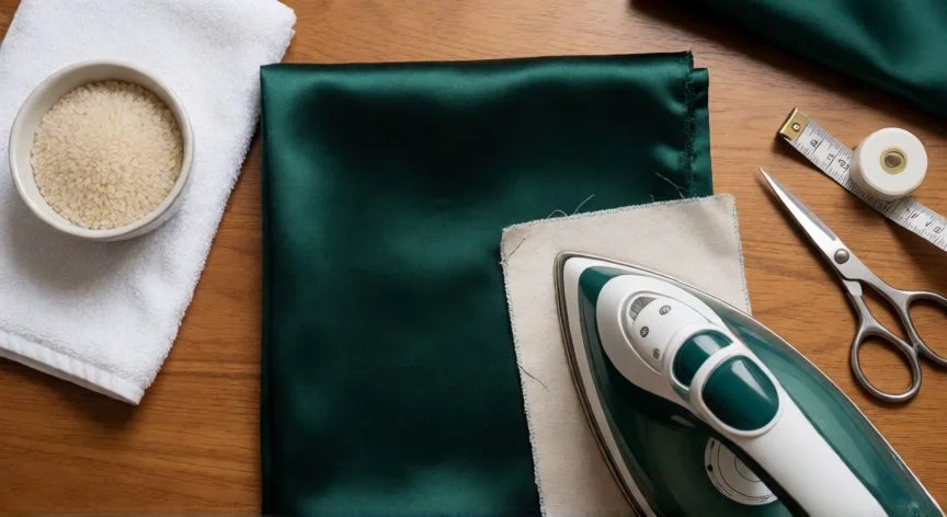 como coser satin a maquina, Planchado de satén esmeralda con tela de presas y técnica de arroz sobre mesa de madera