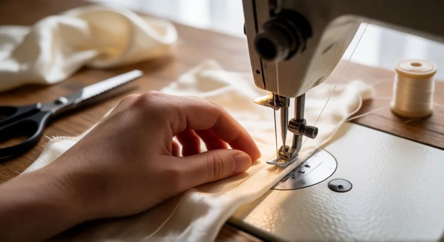 como coser seda, Manos cosiendo tela de seda natural con máquina de coser usando aguja fina e hilo delgado