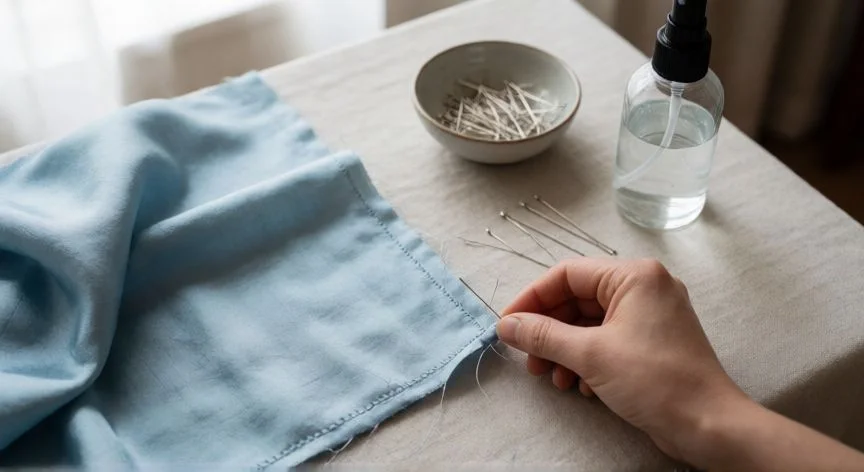 como coser seda, Espacio de costura con tela de seda azul claro y aguja fina realizando puntada invisible a mano