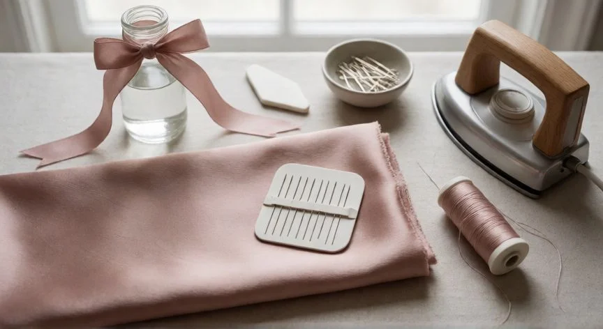 como coser seda a mano, Espacio de costura con tela de seda rosa, agujas finas, hilo de seda y plancha dispuestos en vista cenital