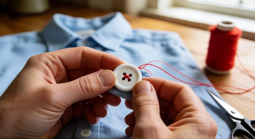 como coser sin aguja, Manos cosiendo con un botón enhebrado como aguja improvisada sobre una camisa de algodón