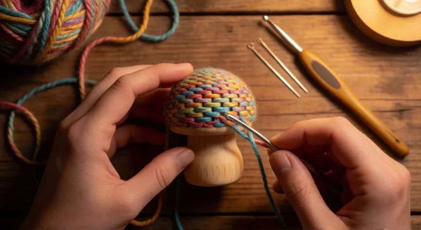 como coser sin aguja, Remendado de calcetín sobre pelota de ping-pong con entrelazado manual de hilo sin aguja