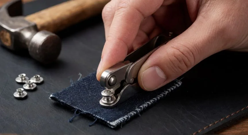 como coser sin hilo ni aguja, Manos instalando un remache metálico en tela vaquera con una pinza, sin usar aguja ni hilo