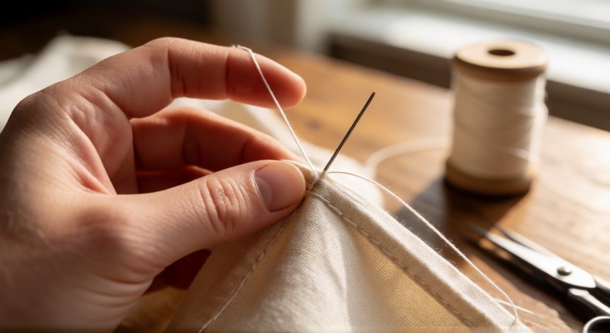 como coser sin k se note, Manos realizando puntada ciega en tela de algodón con aguja fina e hilo blanco