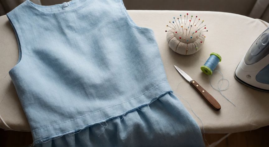 como coser sin k se note, Espacio de costura con vestido de lino azul claro mostrando dobladillo cosido con puntada invisible