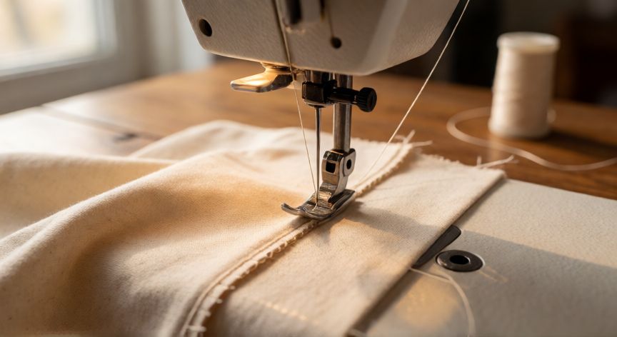 como coser sin k se vea el hilo, Máquina de coser realizando puntada ciego en tela beige con hilo del mismo color, prácticamente invisible