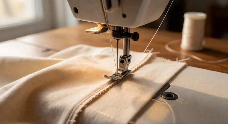 Máquina de coser realizando puntada ciego en tela beige con hilo del mismo color, prácticamente invisible