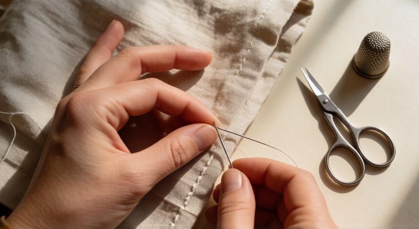 como coser sin k se vea el hilo, Manos cosiendo a mano el borde de una tela de lino ocultando los extremos del hilo con la aguja