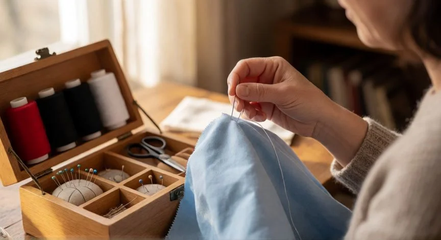 como coser sin maquina, Manos cosiendo tela de algodón a mano con aguja e hilo blanco sobre mesa de trabajo con kit de costura