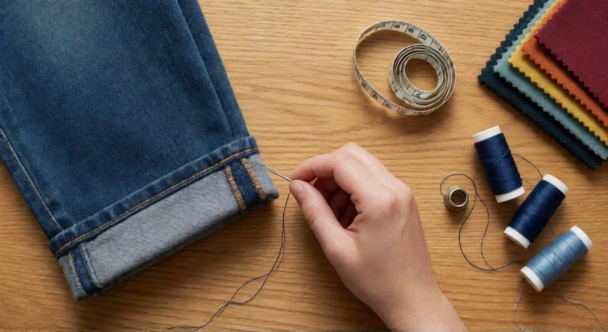 como coser sin maquina, Vista cenital de mesa de costura con jean doblado en proceso de dobladillo a mano, aguja, hilo azul y herramientas de costura