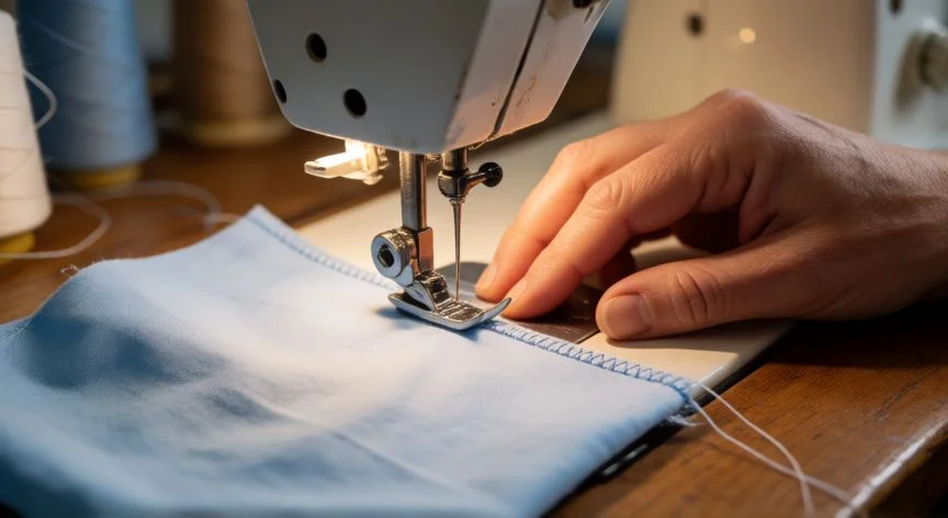 como coser sin overlock, Manos cosiendo con punto zigzag en máquina doméstica para rematar bordes sin overlock