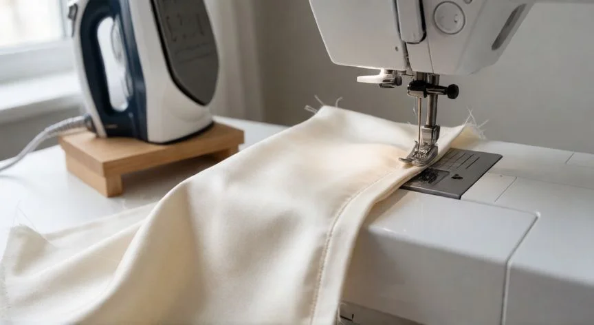 como coser sin overlock, Costura francesa en tela de seda con plancha al fondo, técnica de remado sin overlock