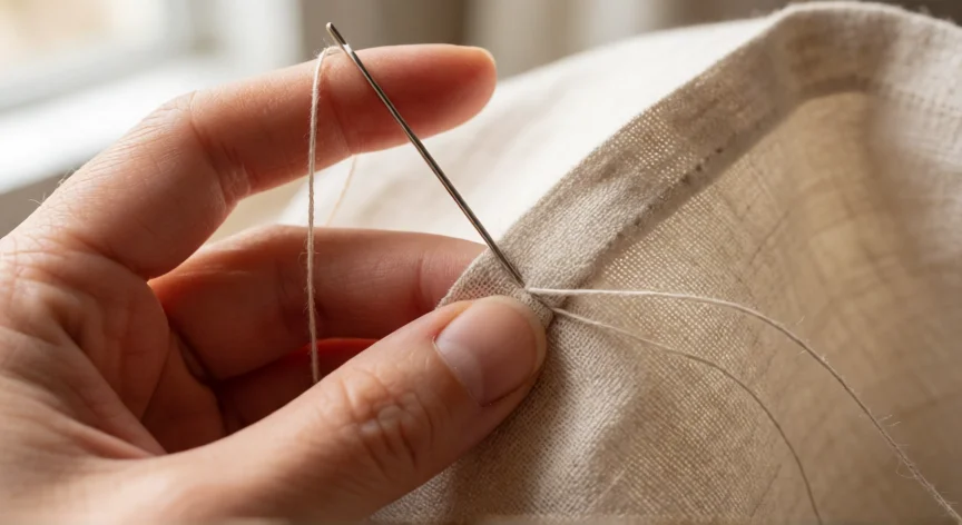 como coser sin que se vea el hilo, Mano cosiendo una puntada invisible en tela de lino beige con aguja fina