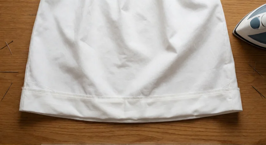 como coser sin que se vea el hilo, Dobladillo invisible terminado en falda blanca sobre mesa de madera